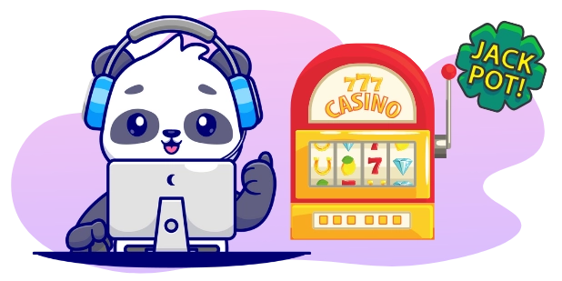 Eine Panda-Cartoonfigur mit Kopfhörern sitzt an einem Computer und zeigt einen Daumen nach oben, neben einem Spielautomaten, der ein „JACKPOT!“-Schild anzeigt.