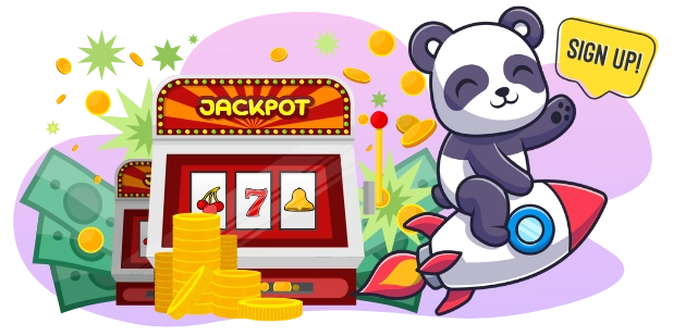 Eine Panda-Cartoonfigur reitet auf einer Rakete und fliegt an einem Jackpot-Spielautomaten vorbei, mit Münzen und einem „SIGN UP!“-Button im Hintergrund.