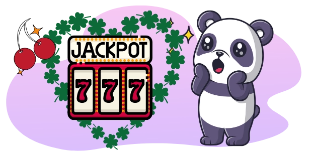 Eine überraschte Panda-Cartoonfigur steht neben einem Spielautomaten, der einen Jackpot mit drei Siebenern zeigt, umgeben von Glücksklee und Kirschen.