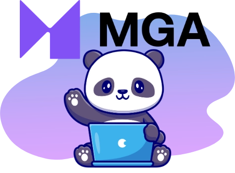 Niedlicher Panda mit Laptop, der winkt, vor einem lila-blauen Hintergrund mit dem Logo und Schriftzug 'MGA'.