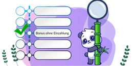 Panda lehnt an einem Bambus und hält eine Lupe, daneben eine Checkliste mit grünem Häkchen bei 'Bonus ohne Einzahlung' auf lilafarbenem Hintergrund.