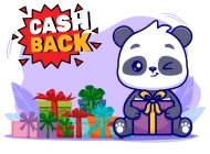 Zwinkernder Panda mit Geschenk in den Händen, umgeben von bunten Geschenken. Oben links roter Schriftzug 'Cash Back'.