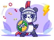 Panda als römischer Gladiator mit Helm, Schild und Schwert. Umgeben von Pokerchips, Blättern und einem gelben Blitzsymbol.