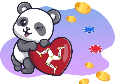 Winkender Panda, der ein rotes Herz mit dem Wappen der Isle of Man umarmt, umgeben von Münzen und Pokerchips vor einem lila-blauen Hintergrund.