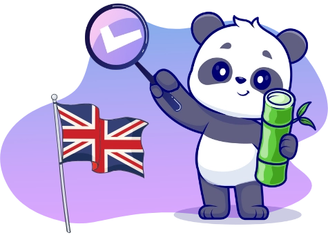 Fröhlicher Panda mit einer Lupe und einem grünen Bambusstock, neben einer wehenden britischen Flagge vor einem lila-blauen Hintergrund.