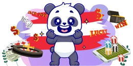 Ein glücklicher Panda vor österreichischer Flagge mit Casino-Symbolen wie Spielkarten, Würfeln und Chips.