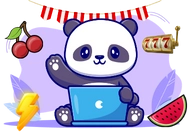 Ein Panda sitzt vor einem Laptop und winkt. Um ihn herum sind einige Glücksspielsymbole wie Kirschen, ein Slot-Maschinen-Hebel, ein Blitz und eine Wassermelone zu sehen.