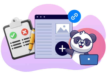 Eine Panda-Cartoonfigur mit Sonnenbrille sitzt an einem Laptop und zeigt auf ein Pluszeichen auf einer Webseite, mit einer Checkliste und einem Link-Symbol in der Nähe.