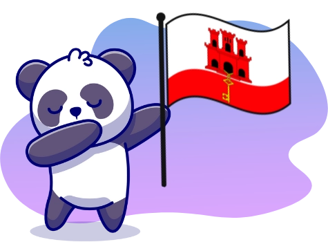 Dabender Panda, der eine Flagge von Gibraltar hält, vor einem lila-blauen Hintergrund.