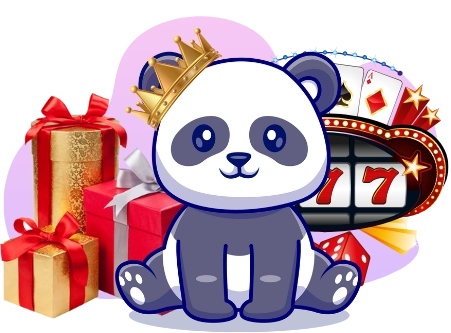 Eine königliche Panda-Cartoonfigur mit einer Krone sitzt zwischen Casino-Symbolen, darunter ein Spielautomat, Spielkarten und verpackte Geschenke.