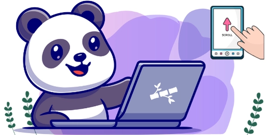 Fröhlicher Panda mit einem Laptop, das Bambus-Logo darauf, während eine Hand auf einem Smartphone nach oben scrollt. Lila Hintergrund mit kleinen Pflanzen im Vordergrund.