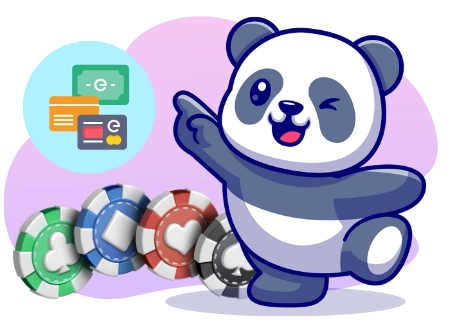 Eine fröhliche Panda-Cartoonfigur zeigt auf eine Gruppe bunter Casino-Chips, mit einer Kreditkarte und einem Euro-Symbol im Hintergrund.