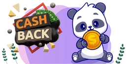 Lächelnder Panda mit einer Goldmünze in den Händen. Links der Schriftzug 'Cash Back' mit Geldscheinen und geometrischen Formen. Hintergrund in Lila mit Blättern.