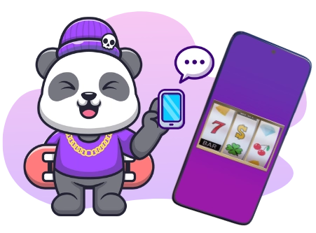 Eine coole Panda-Cartoonfigur mit einem Skateboard und einer goldenen Kette hält ein Handy, während auf einem anderen Handy ein Spielautomat mit Symbolen wie 7, $, und Kirschen angezeigt wird.