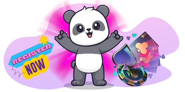 Fröhlicher Panda, der Anmeldungen für Online-Casinos bewirbt, mit einem „REGISTER NOW“-Button und Spielkarten.