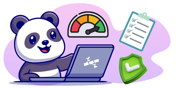 Verspielter Panda, der Online-Sicherheit und Leistung fördert, mit einem Laptop, einem Tachometer, einer Checkliste und einem Sicherheitsschild.