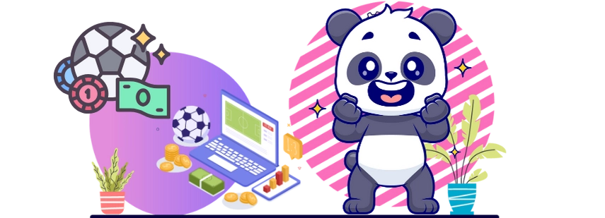 Eine fröhliche Panda-Cartoonfigur feiert mit einem Fauststoß und steht neben einem Laptop, auf dessen Bildschirm ein Fußballspiel zu sehen ist, umgeben von Münzen und einem Fußball.