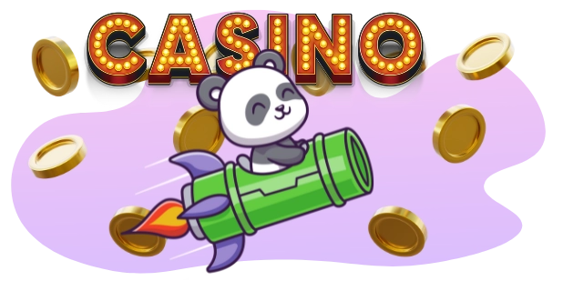 Eine süße Panda-Cartoonfigur fliegt in einem grünen Raketenflugzeug, mit dem Wort "CASINO" in leuchtenden Lichtern darüber, und Münzen, die darum herabfallen.