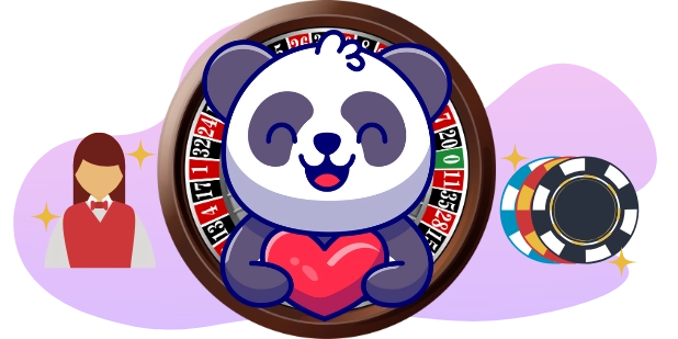 Eine lächelnde Panda-Cartoonfigur, die ein Herz hält, sitzt im Zentrum eines Rouletterads, mit einem Casino-Dealer und Casino-Chips im Hintergrund.