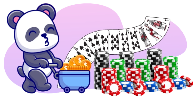 Eine süße Panda-Cartoonfigur schiebt einen Wagen, der mit Münzen gefüllt ist, mit einem Stapel Spielkarten und Casino-Chips im Hintergrund.