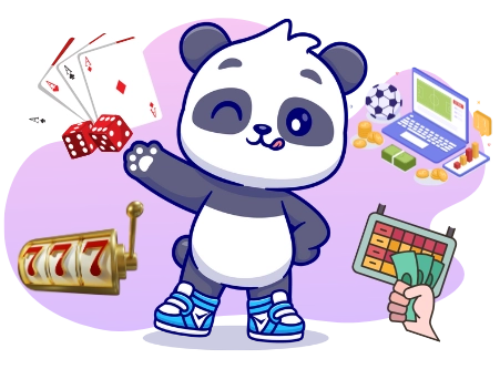 Eine verspielte Panda-Cartoonfigur steht vor verschiedenen Glücksspielsymbolen wie Spielkarten, Würfeln, einem Spielautomaten, einem Fußball, einem Laptop und einem Lottoschein.