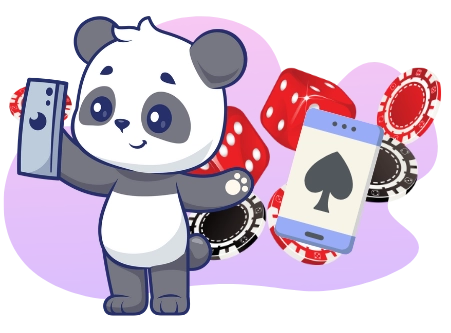 Eine süße Panda-Cartoonfigur hält ein Handy und lächelt, umgeben von Würfeln, Casino-Chips und einer Spielkarte.