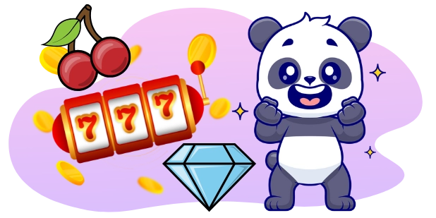 Eine fröhliche Panda-Cartoonfigur feiert mit einem Spielautomaten, der drei Siebener zeigt, umgeben von Kirschen, Münzen und einem Diamanten.