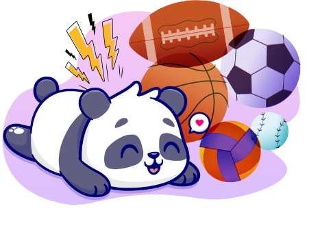 Eine fröhliche Panda-Cartoonfigur liegt auf dem Rücken mit Blitzen über sich, umgeben von verschiedenen Sportbällen wie einem Football, Basketball, Fußball, Volleyball und Baseball.