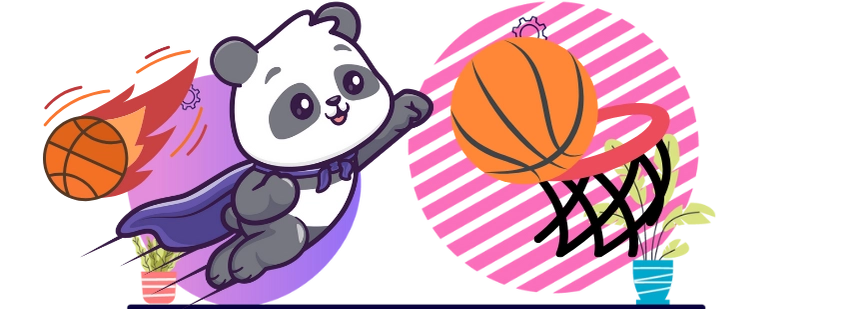 Eine heldenhafte Panda-Cartoonfigur trägt einen Umhang und wirft einen Basketball durch einen Korb, während ein weiterer Basketball auf ihn zufliegt.