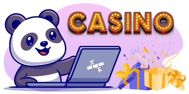 Ein Cartoon-Panda lächelt, während er einen Laptop benutzt, mit dem Wort "CASINO" in leuchtenden Buchstaben darüber und Geschenkschachteln, aus denen Konfetti fällt, was auf spannende Online-Casino-Spiele und mögliche Belohnungen hinweist.