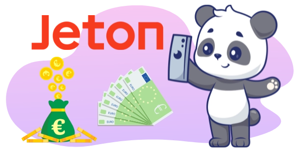 Eine Pandabären-Cartoonfigur hält ein Telefon, mit dem "Jeton"-Logo, Münzen und Euro-Banknoten im Hintergrund.