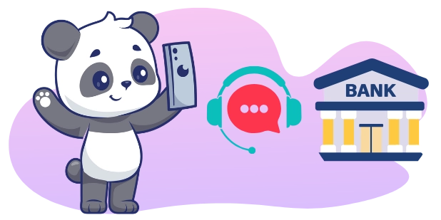 Eine Panda-Cartoonfigur hält ein Handy, mit einem Bankgebäude und einem Kundenbetreuer mit Headset im Hintergrund.