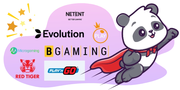 Eine Panda-Cartoonfigur mit einem Superhelden-Umhang fliegt an Logos bekannter Spieleanbieter wie Evolution Gaming, NetEnt, Play'n GO und anderen vorbei.