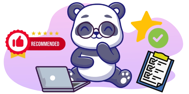 Ein Cartoon-Panda trägt eine Brille und lächelt, während er einen Laptop benutzt, mit einem "RECOMMENDED"-Abzeichen, einer Checkliste und einem Stern, was auf einen positiven und vertrauenswürdigen Service hinweist.