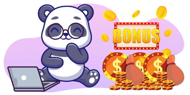 Ein Cartoon-Panda mit Brille sitzt an einem Laptop, auf dem ein "BONUS"-Schild zu sehen ist, während im Hintergrund Pokerchips und fliegende Münzen auf Online-Casino-Boni oder Belohnungen hinweisen.