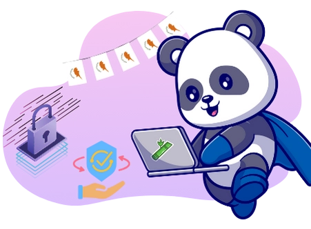 Ein Cartoon-Panda mit einem Umhang hält einen Laptop mit einem Bambusblattsymbol und steht neben einem Vorhängeschloss, einem Schild mit einem Häkchen und zwei Händen, die Daten austauschen, was auf sichere Online-Transaktionen hinweist.