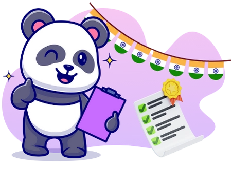 Eine fröhliche Panda-Cartoonfigur zeigt einen Daumen nach oben und hält ein Klemmbrett, auf dem ein Dokument mit einer Checkliste und einer Medaille zu sehen ist, während im Hintergrund indische Flaggen hängen.