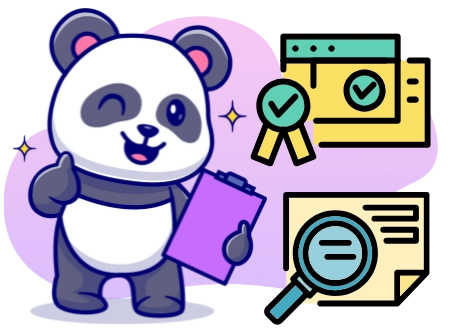 Ein Cartoon-Panda, der einen Daumen hoch zeigt und ein Clipboard hält, mit Symbolen für Qualitätssicherung wie einer Lupe, einer Checkliste und einer Medaille.