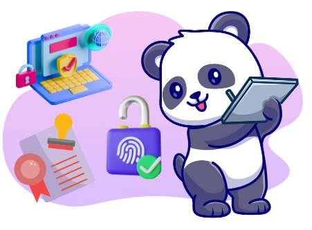 Eine Panda-Cartoonfigur benutzt ein Tablet, umgeben von Symbolen der Online-Sicherheit wie einem gesperrten Laptop, einem Fingerabdruck-Scanner und einem zertifizierten Dokument.