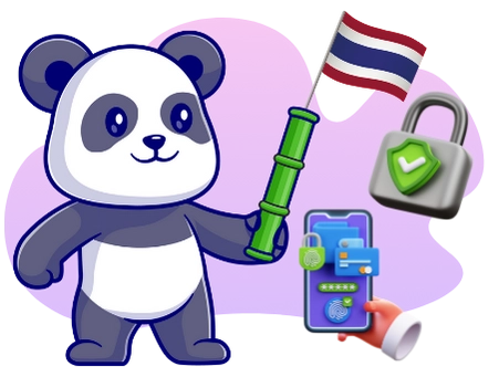 Ein Cartoon-Panda hält die Flagge von Thailand und einen Bambusstab, steht neben einem Smartphone mit einem Fingerabdruckscanner und einem Vorhängeschloss mit einem Häkchen, was auf sichere Online-Transaktionen und mobile Zahlungen in Thailand hinweist.