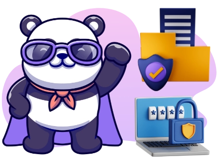 Ein Cartoon-Panda mit Sonnenbrille und Umhang, der selbstbewusst winkt. Im Hintergrund sind Bilder eines sicheren Ordners, eines gesperrten Laptops und eines Schildes mit einem Häkchen zu sehen, die Datensicherheit und Schutz symbolisieren.