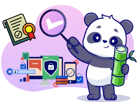 Eine Panda-Cartoonfigur hält eine Lupe mit einem Häkchen, steht neben einem Bambusspross und ist umgeben von Symbolen für Online-Sicherheit, Datenanalyse und Kundenbewertungen.