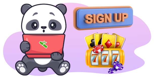 Ein Cartoon-Panda, der überrascht aussieht, hält einen Laptop mit einem Bambusblatt-Symbol. Ein "ANMELDEN"-Button und ein Spielautomaten mit Spielkarten und Chips sind ebenfalls zu sehen.