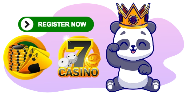 Ein Cartoon-Panda trägt eine Krone und zeigt auf einen "REGISTER NOW"-Button, umgeben von Casino-Symbolen wie Chips, Karten, Würfeln und der Zahl "7", was die Nutzer einlädt, sich anzumelden und zu spielen.