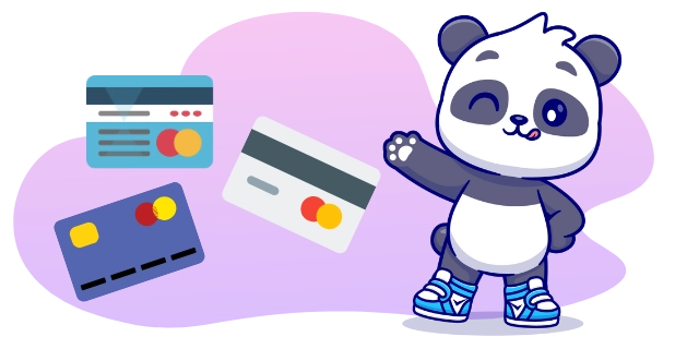 Eine fröhliche Panda-Cartoonfigur winkt, mit mehreren Kreditkarten mit dem Mastercard-Logo im Hintergrund.