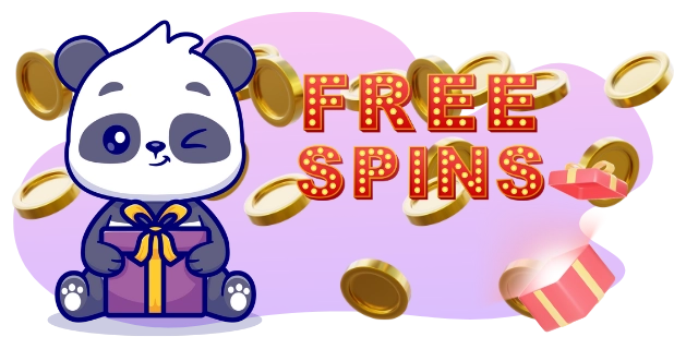 Eine süße Panda-Cartoonfigur sitzt mit einer Geschenkbox, umgeben von Münzen und den leuchtenden Worten „FREE SPINS“.