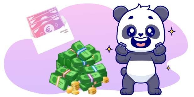 Eine glückliche Pandabären-Cartoonfigur feiert mit erhobenen Armen und steht neben einem Geldstapel und einem Umschlag mit Euro-Banknoten.