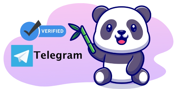 Ein süßer Panda hält ein Stück Bambus, zusammen mit dem Telegram-Logo und einem 'Verifiziert'-Häkchen.