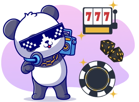 Ein stylischer Panda mit Sonnenbrille und einem Boombox genießt einen Casino-Gewinn, während ein Spielautomaten die Zahl 777 anzeigt und Würfel in der Nähe liegen.