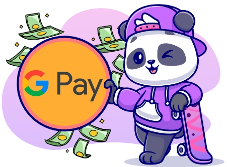 Ein Cartoon-Panda trägt einen Hoodie und hält ein Skateboard, während er neben dem Google Pay-Logo steht, mit fliegendem Geld um ihn herum, was auf bequeme und lohnende mobile Zahlungen hinweist.